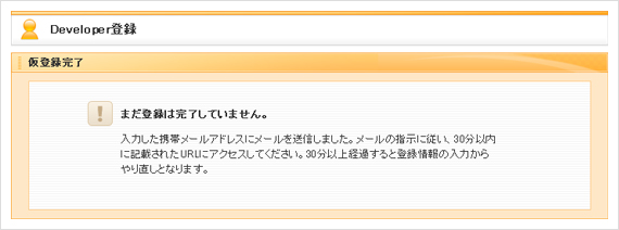 デベロッパー登録仮完了画面